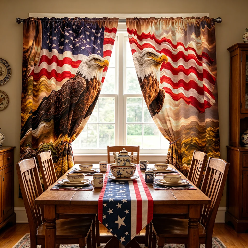 2PCS Independence Day Flag Eagle Pattern Printed Curtain with Rod Bag Design, Suitable for Bedroom and Living Room