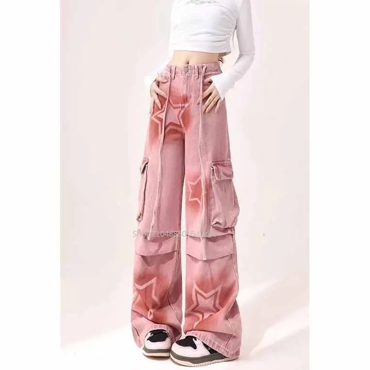 

Star Print Y2k Pink Cargo Jeans Women Streetwear Harajuku Oversize Denim Trousers Vintage Baggy Pants 2000s Dopamine Clothes