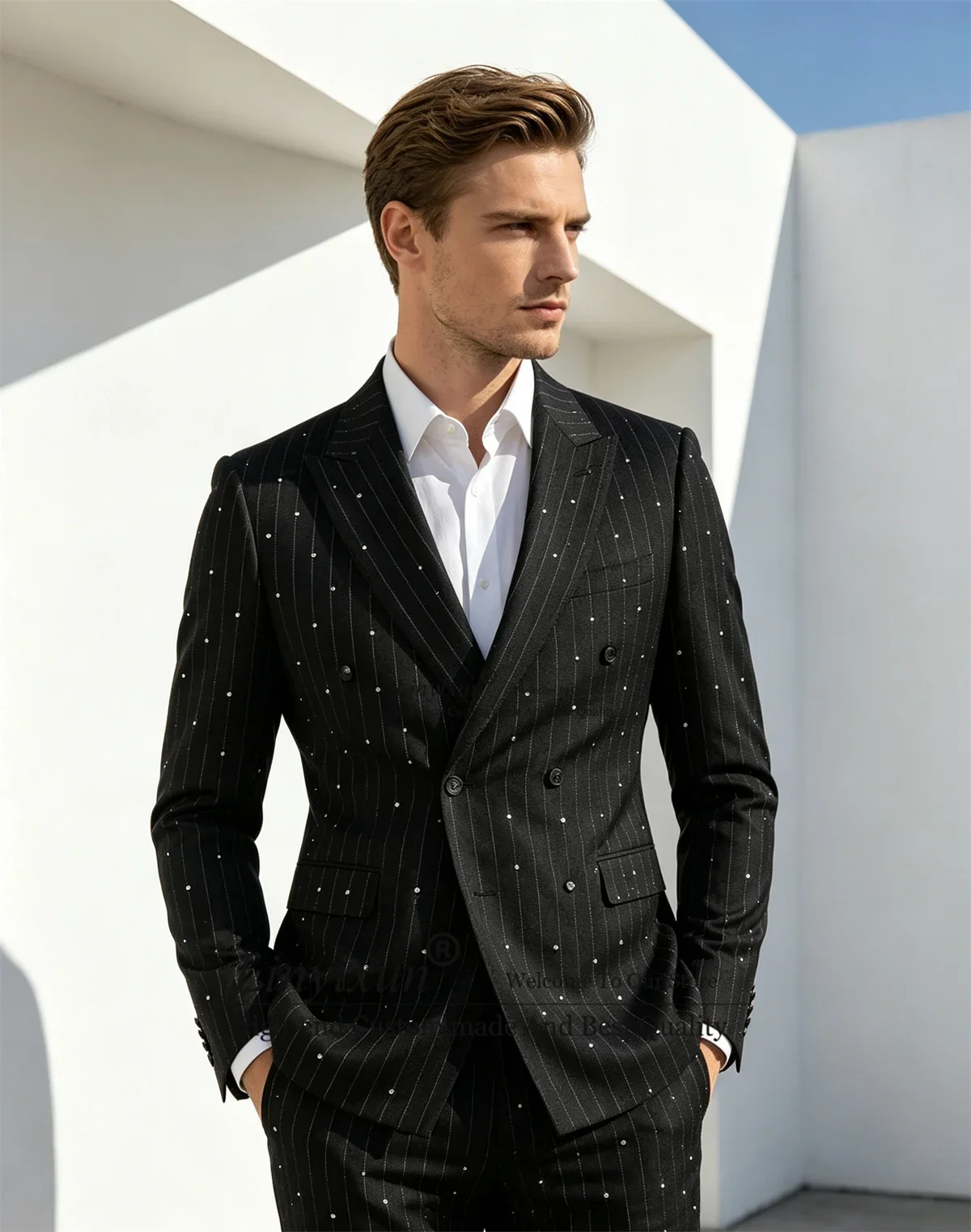 High-quality Strip Men Suits Customized Casual Man Tuxedos Double Breasted 2 Pieces Sets Male Party Blazers Slim Fit Ropa Hombre