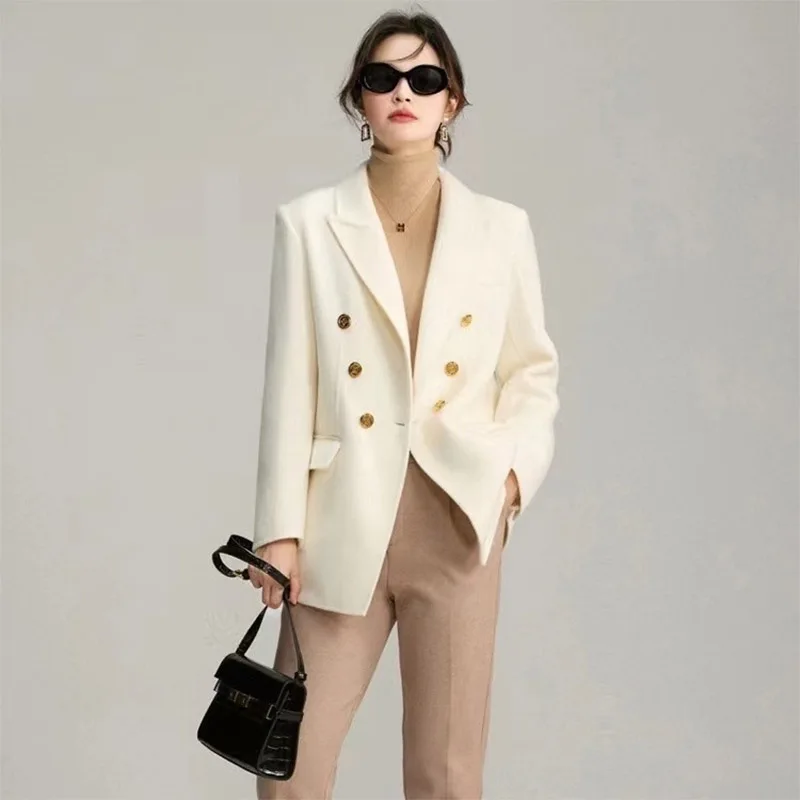 Autumn Winter New Women 100% Double-sided Wool Coat Slim Fashion Office Lady Feminine Double-breasted Suit Temperament Jacket