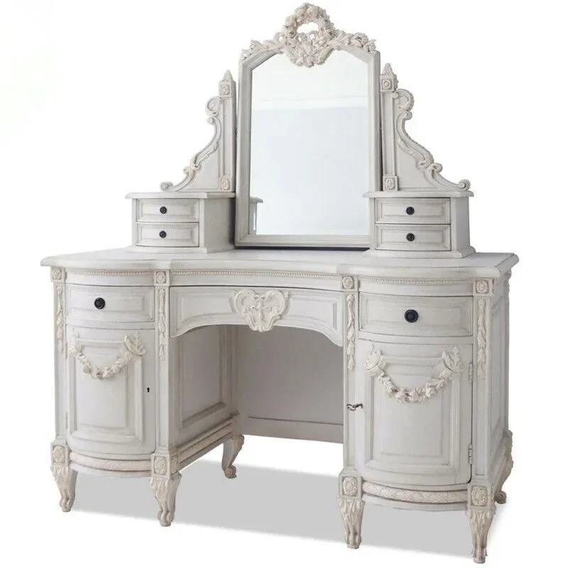 French light luxury solid wood carving flower dresser makeup table bedroom American retro old dressing table dressing mirror