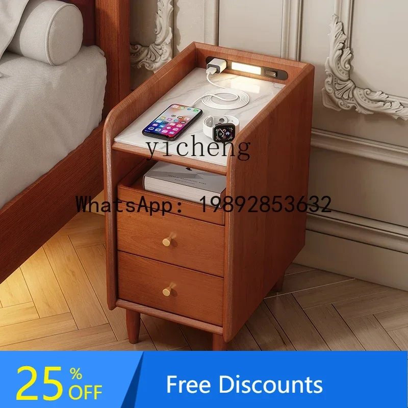 LYY Retro Stone Plate Bedside Table Solid Wood Ultra Narrow Bedroom Bedside Cabinet with Light Cherrywood