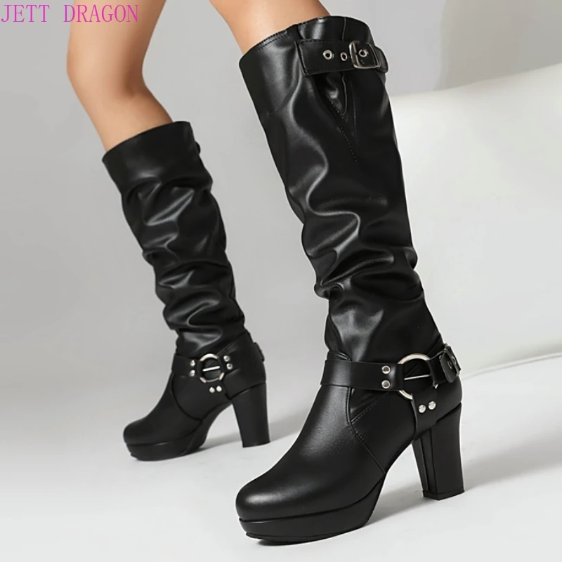 

Плиссированные сапоги до колена, женские высокие сапоги с пряжкой для женщин, осень-зима, черные, розовые, белые, длинные туфли на каблуке, женские большие размеры 45