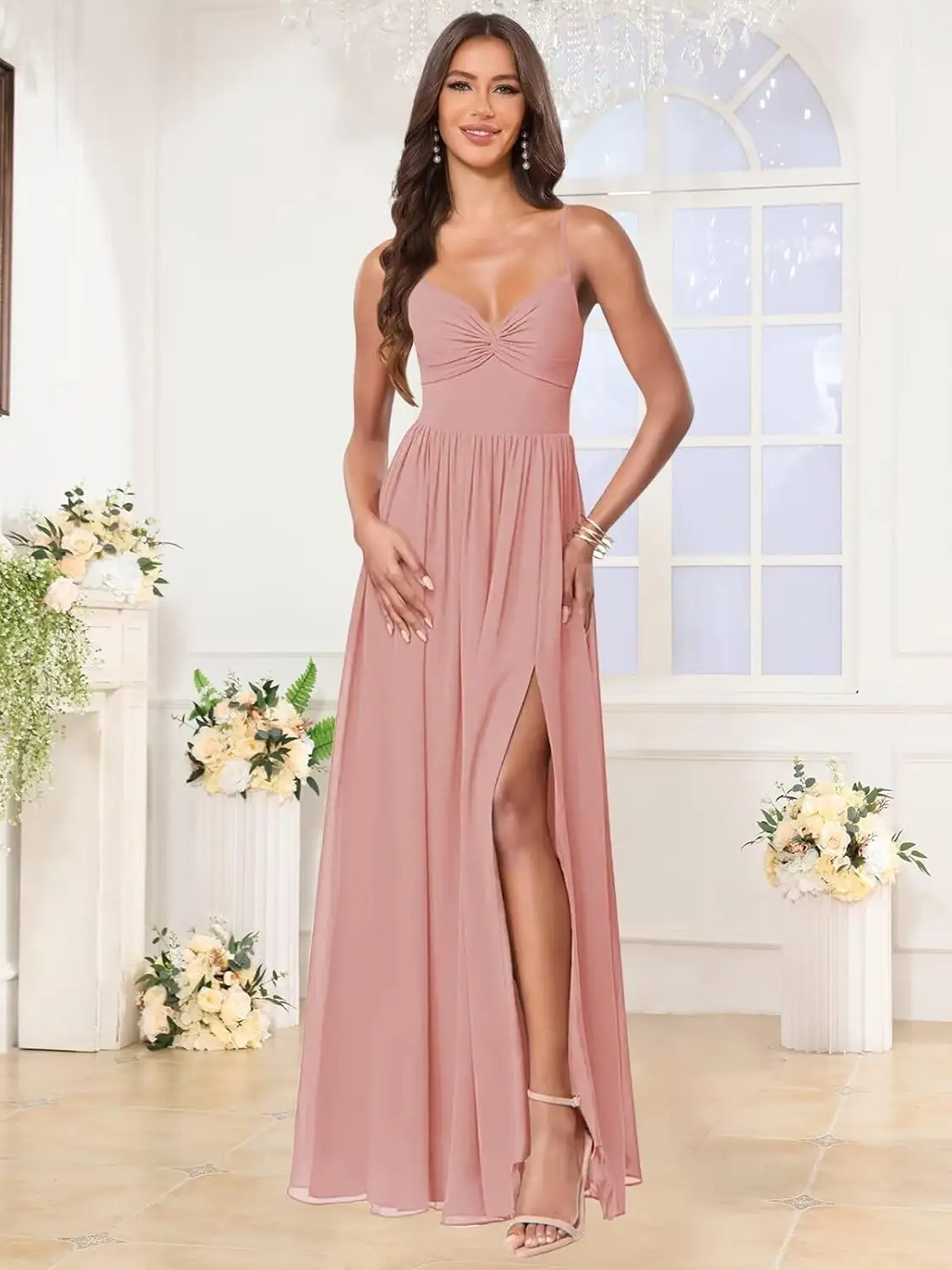 Dames A-lijn V-hals Bruidsmeisjesjurken voor dames met split Spaghettibandjes Geplooid Chiffon Formele avondjurk Feestjurk