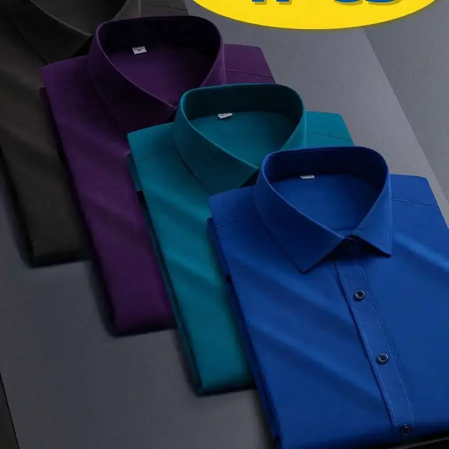 

4pcs Mens Stretch Long Sleeve Solid Color Business Casual Shirts