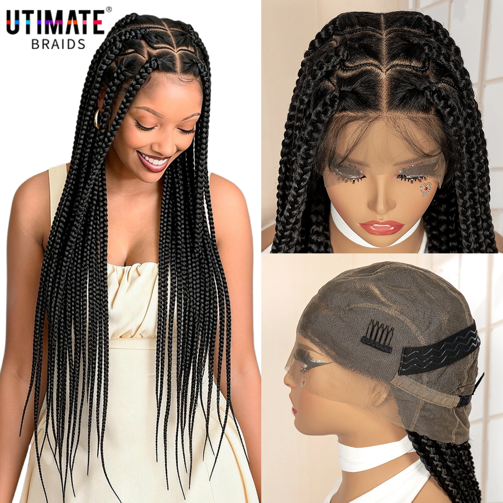 

36 Inches Full Laece Synthetic Braided Wigs African Knotless Box Braiding Wig for Black Women Lace Frontal Braids Hair Wig