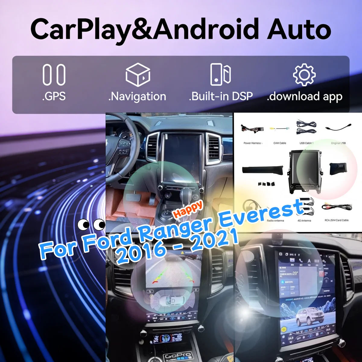 

12.1-дюймовый экран, Android 14.0, автомобильная магнитола для Ford Ranger Everest 2016-2021, GPS-навигация, мультимедийный проигрыватель, HD-магнитола.