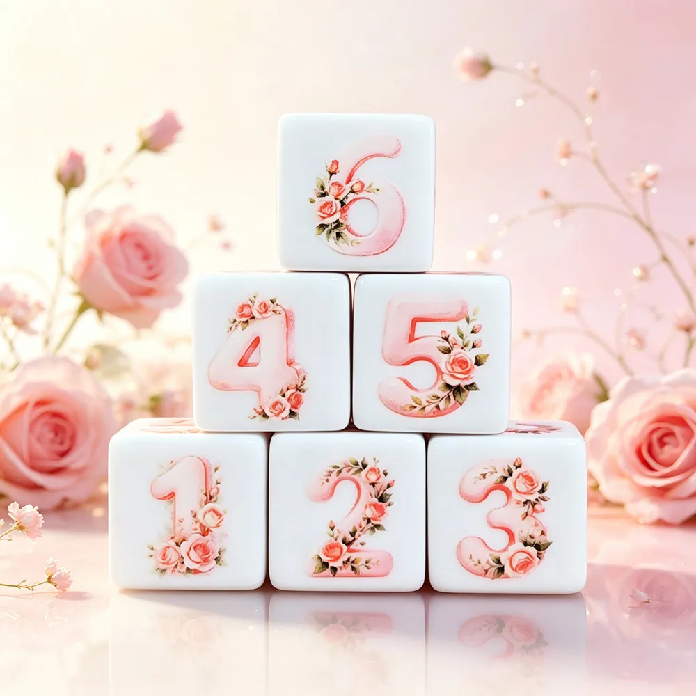 12Pcs 16MM D6 Printed Dice White 6Sided Watercolor Pink Rose Floral Print DND Tabletop Game Wedding Bridal Party Decor Gift Dice
