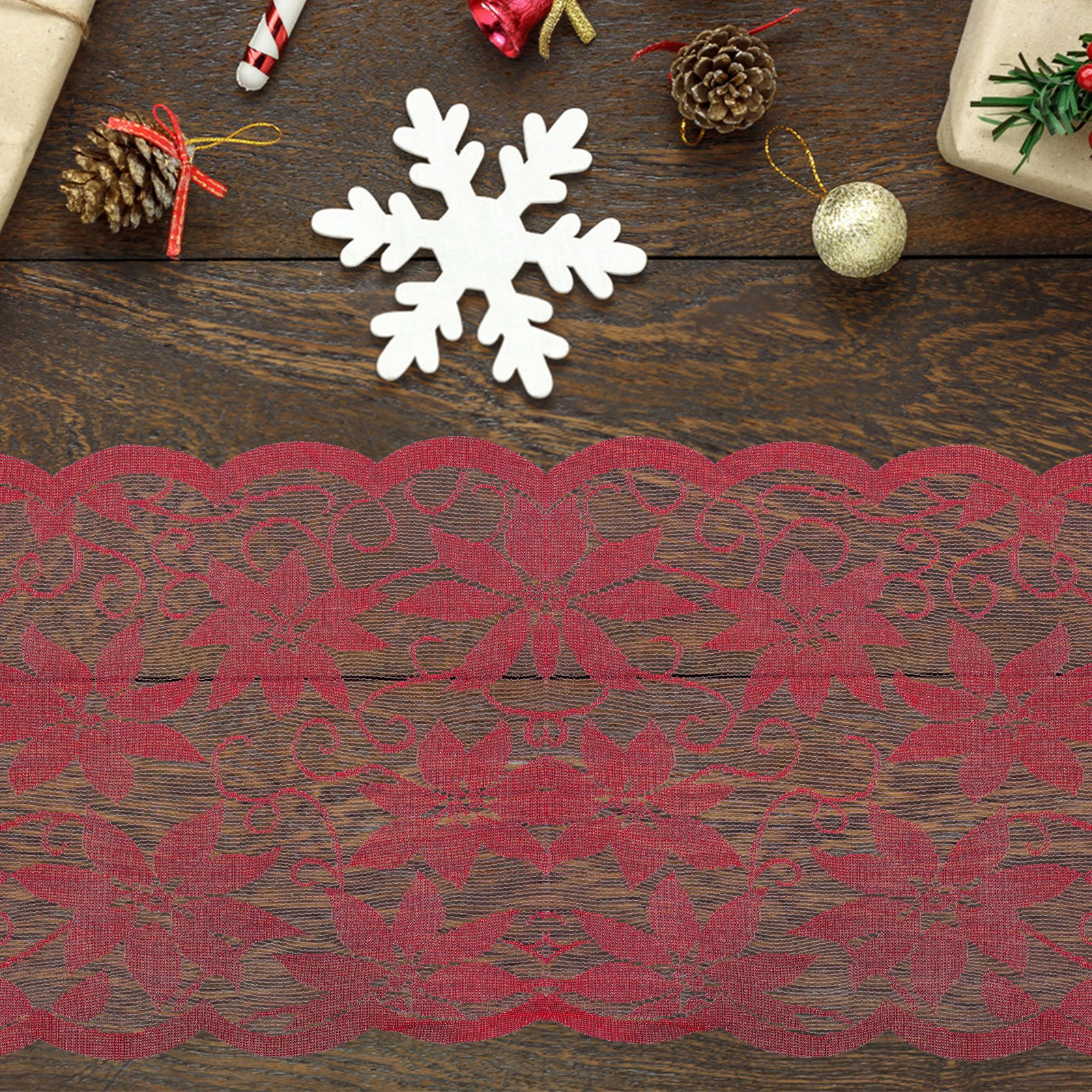 

1pc Christmas 72 Inches Red Lace Flower Pattern Festive Decor Dust Christmas Table Flag Proof Table Cover For Holiday Home