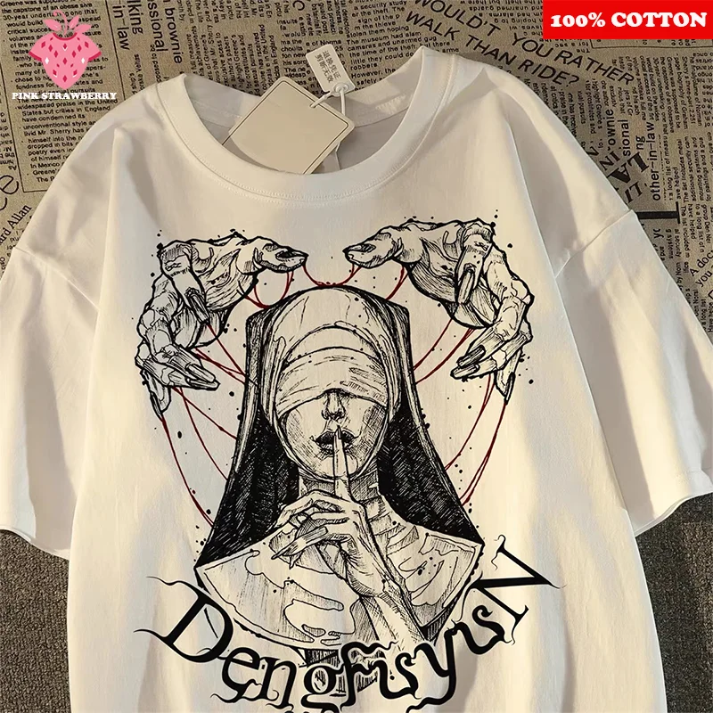 

American Street nun Print T-shirt Men's Summer 2025 New 100% Cotton Short sleeves Hip-hop style T-shirt Y2k Tops Mens clothing