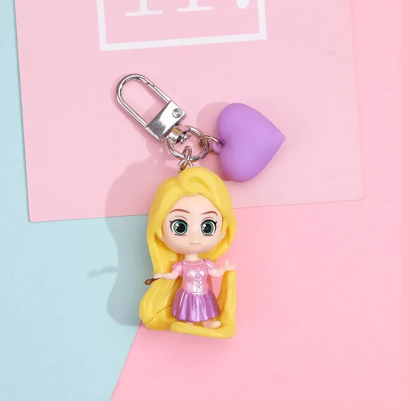 Disney Princess Anime Figure Snow White Ariel Cinderella Rapunzel Aurora Belle Keychain Bag Keyring Children\'s Toy Birthday Gift