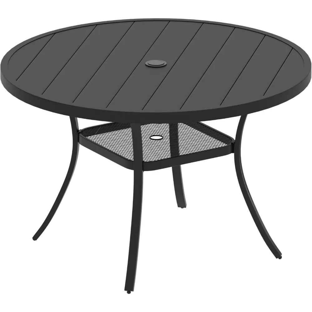 

Round metal outdoor terrace dining table for 6 people, with storage rack and umbrella hole, black tabletop