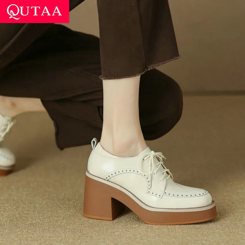 QUTAA 2024 Women Genuine Leather Pumps Thick High Heels Lace Up Shoes Woman Round Toe  Casual Shoes Size 34-39