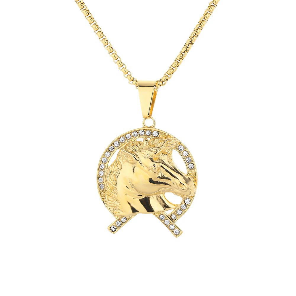 

Punk Fashion Iced Out Bling CZ Horse Head Pendant Gold Color Stainless Steel Animal Necklace for Women Men Cool Jewelry Gift