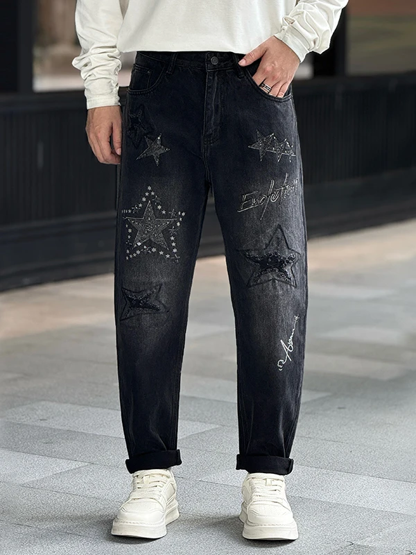 

Retro Waed Hole Punching Five-pointed Star Printed Loose Men's Jeans Harlan Cone Long Trousers Autumn New Sle Casual Wear