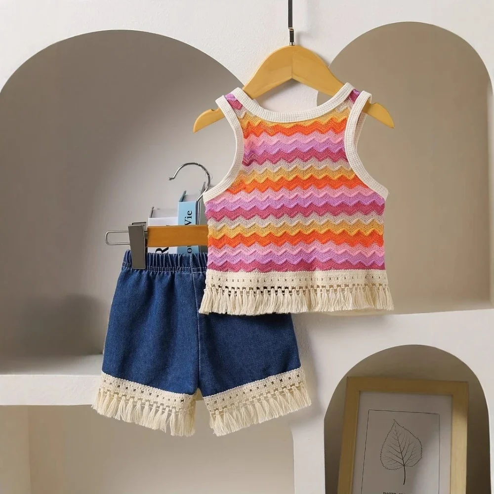 Bear Leader New Summer Girls Clothing Korean Version Fashionable Sweet Round Neck Sleeveless Colorful Striped Fringe Top+shorts