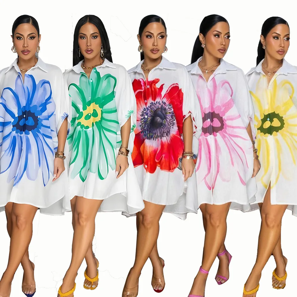 Women's Printed Shirt Dress Open Front Cardigan Style Turn Down Collar Midi Dress Elegant Casual Floral