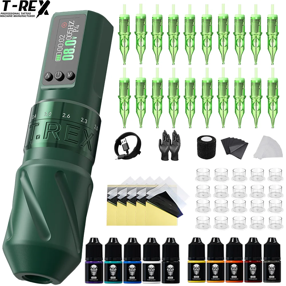 T‑Rex V1 Wireless Rotary Tattoo Machine Kit Adjustable Stroke Tattoo Pen Complete Tattoo Supply Set for Pro & Beginner Artists