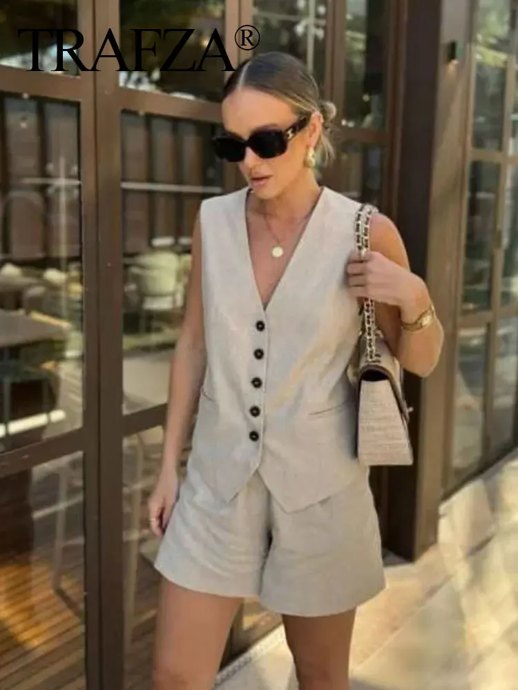 TRAFZA Summer Women Casual Vest Shorts Suit Solid Sleeveless V Neck Waistcoat Tops Slim Zipper Fly Shorts 2024 Office Lady Sets