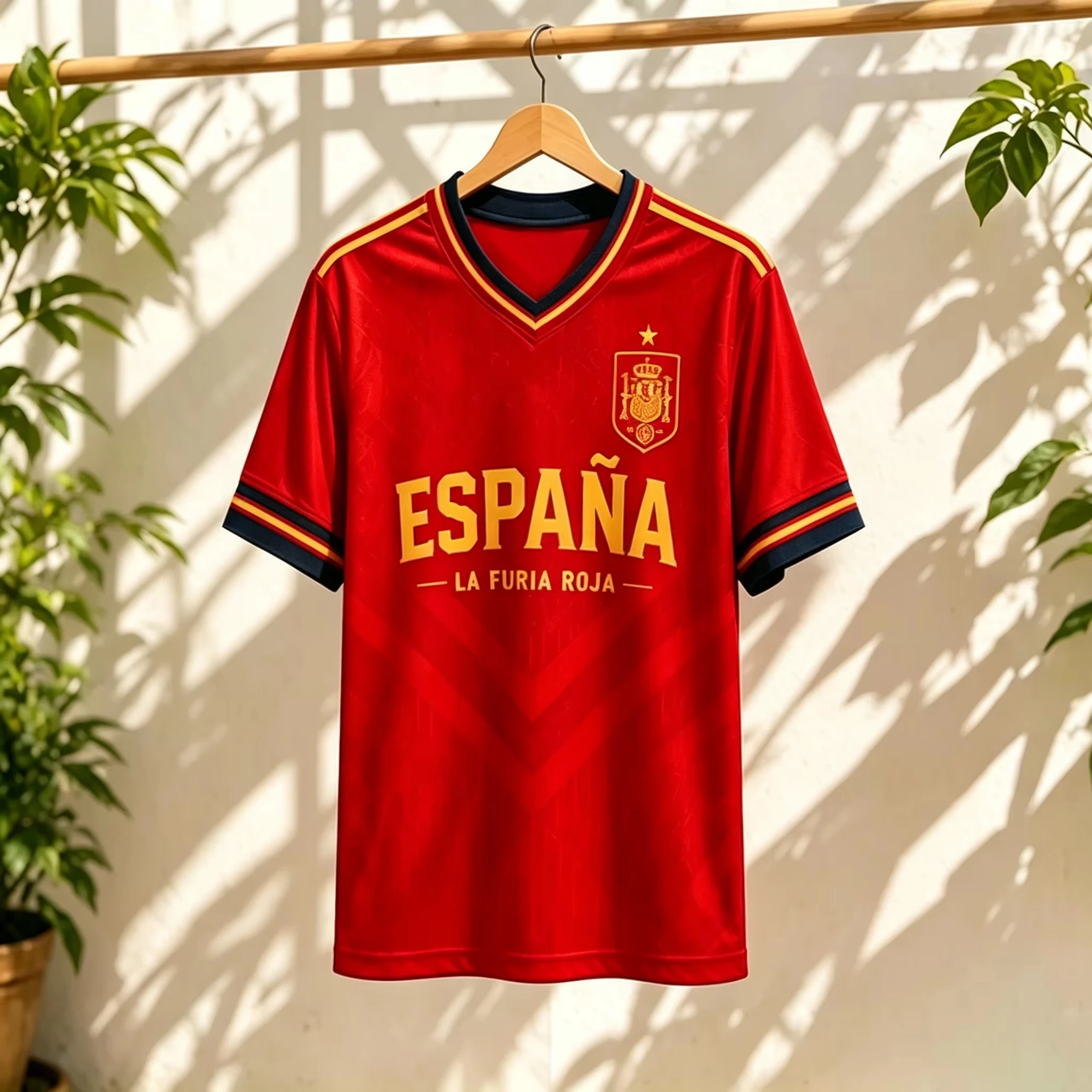 Unisex Spain Soccer Jersey Red Dark Gold V-Neck Splash Chevron Print Crown Star Decor 2026 Crest Fan Football Shirt