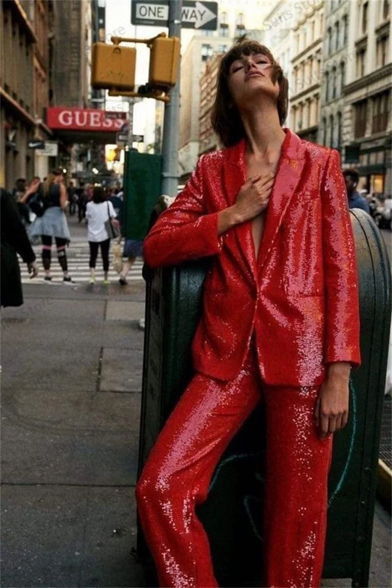 Traje de lentejuelas rojas para mujer, conjunto de chaqueta y pantalones brillantes, esmoquin de boda de negocios, ropa de calle de un botón, hecho a medida, 2 piezas