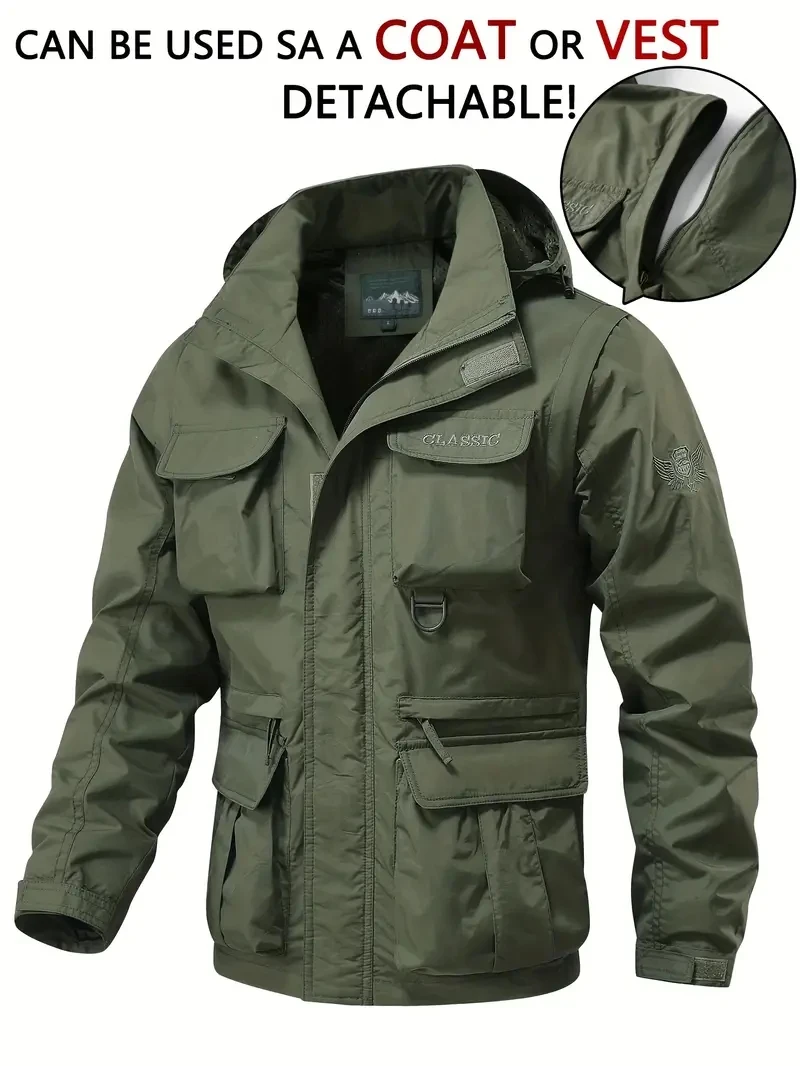 Detachable windproof hooded jacket, men's casual waterproof multi bag cargo jacket vest suitable for outdoor activities