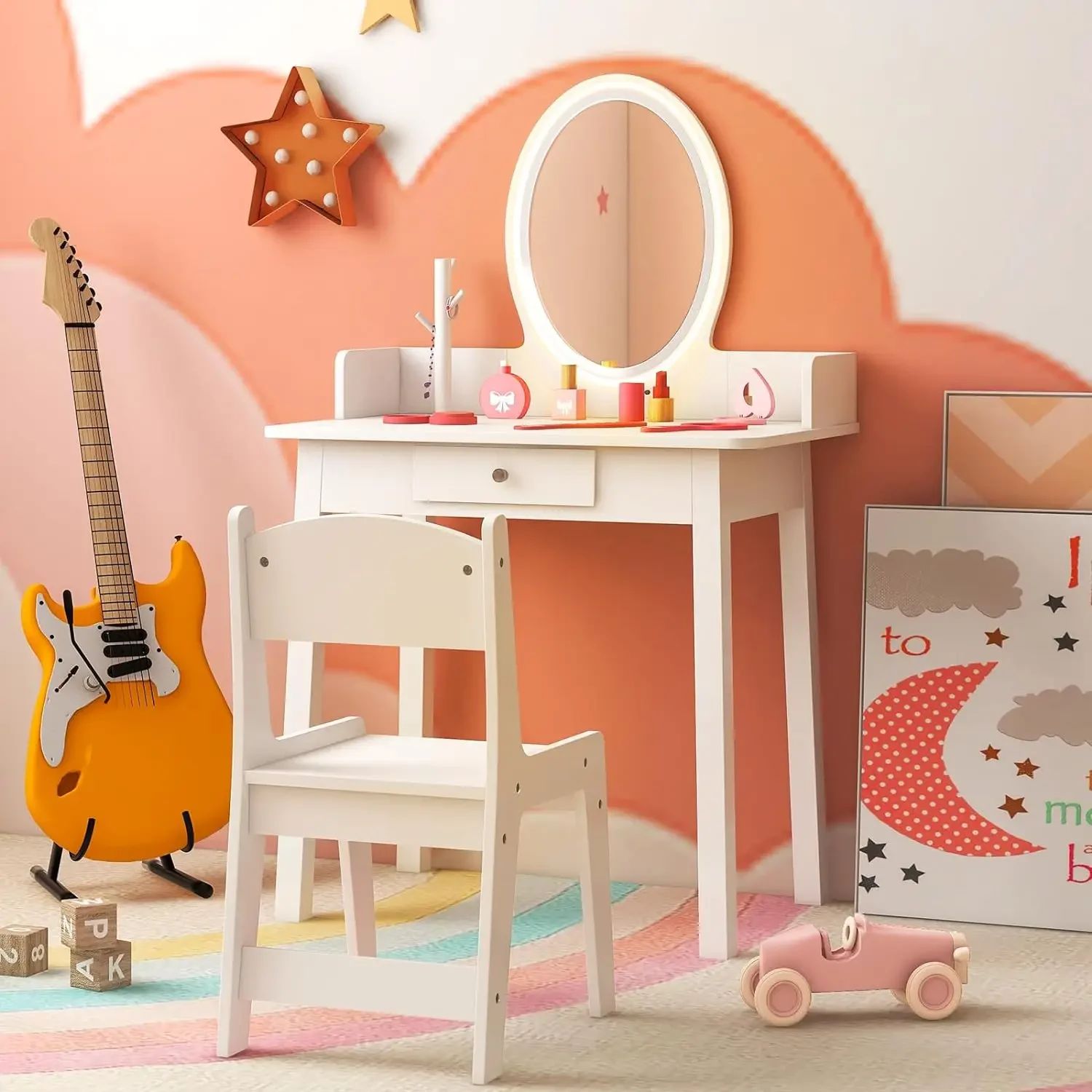 Kids Vanity, Girls Vanity Set with Mirror and Stool and Lights, Drawer, Jewelry Rack, 2 in 1 Wooden Princess Makeup Desk