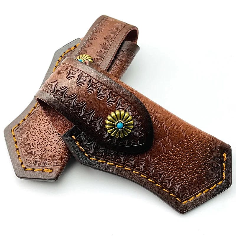 1piece Genuine Cowhide Leather Folding Knife Sheath Tool Pliers Scabbard with Turquoise Buckle Small Straight CowSkin Pouch Case