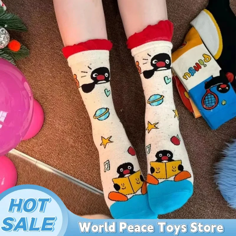 

4 пары носков Kawaii Pingu средней длины для женщин, с мультяшным рисунком, осенне-зимние, повседневные, дышащие, мягкие, универсальные, модные, для девочек, подарки