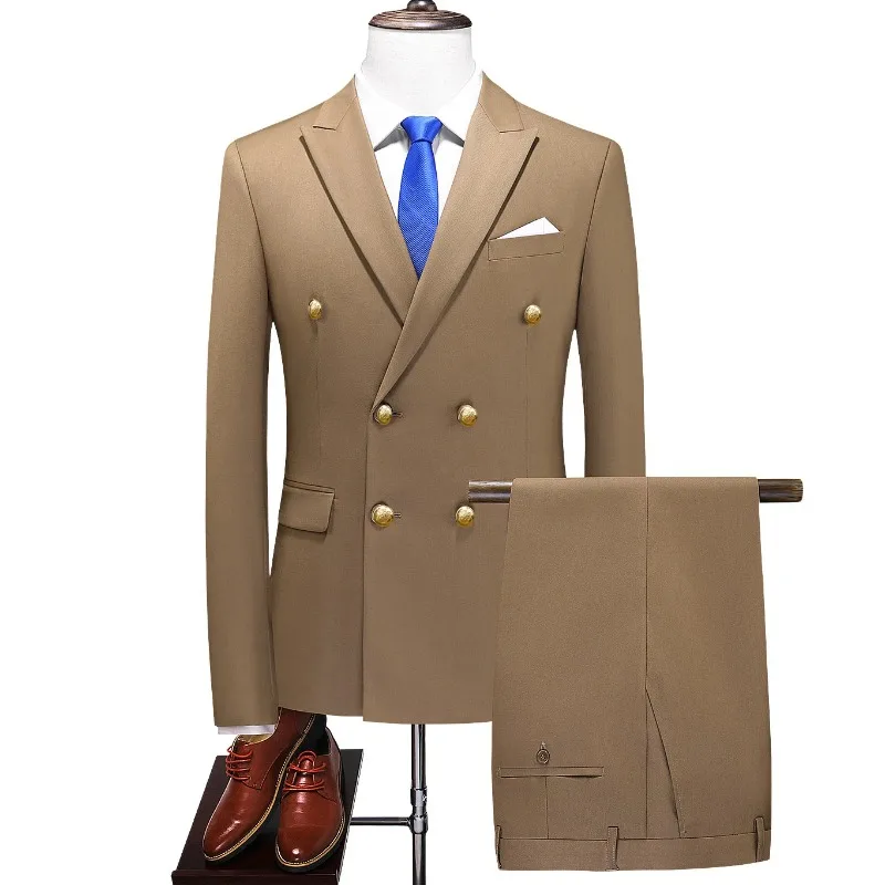 

2024 Fashion New Coat and Pants Set/Men's Casual Business Solid Color Double Breasted Wedding Suit Coat and Pants