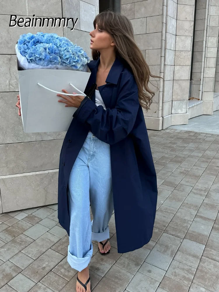 

Women's Lapel Neck Trench Coats Long Sleeve Loose Single Breasted Overcoats 2025 Autumn Elegant Office Commute Lady Outerwears