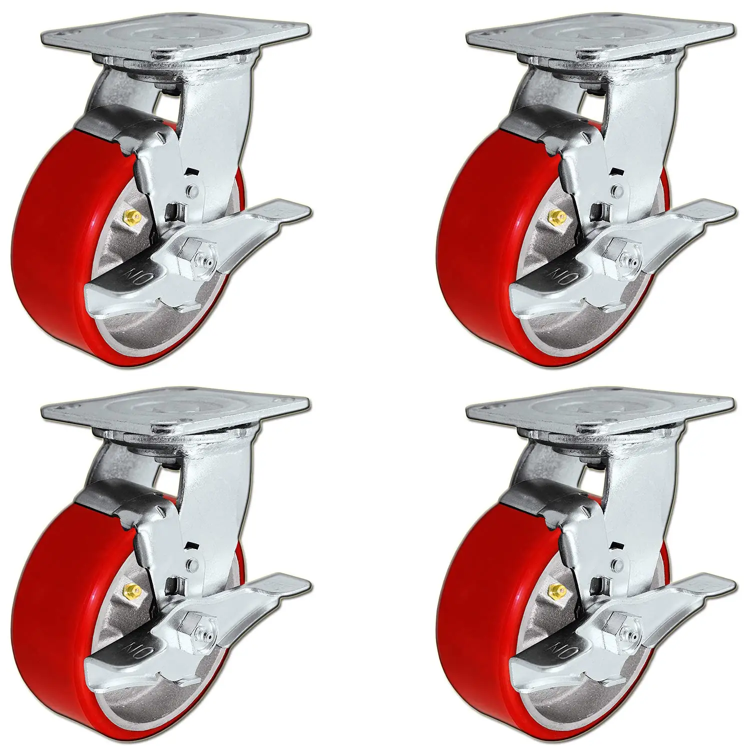 Heavy Duty Swivel Caster Set of 4 - Red Polyurethane on Steel Core with Brakes - 4,400 lbs Per Set of 4 - Toolbox Caster