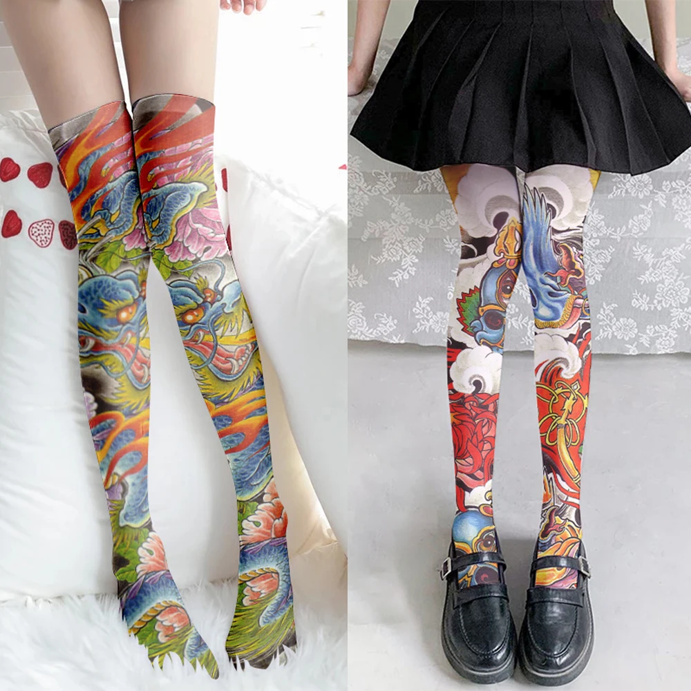 

Arm tattoo pattern printed thigh stockings ladies fashion sexy sweet stockings high-quality over-the-knee stockings Cosplay