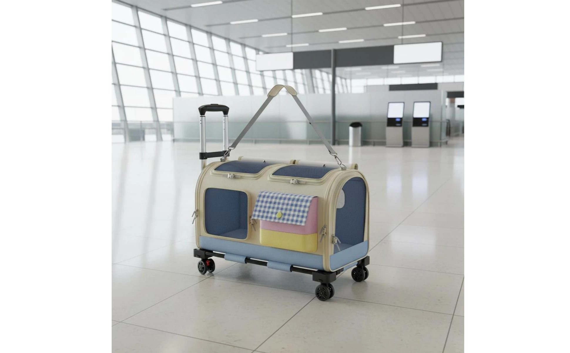 Feline Rolling Suitcase Telescopic Handle Pet Rolling Suitcase Multi-Feline Carrier Breathable Mesh Pet Carrier with Wheels