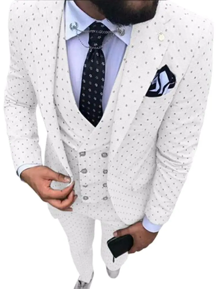 

White Men's Poika dot Suit 3-Pieces latest coat pant designs Notch Lapel Tuxedos Groomsmen For Wedding/party(Blazer+vest+Pants)