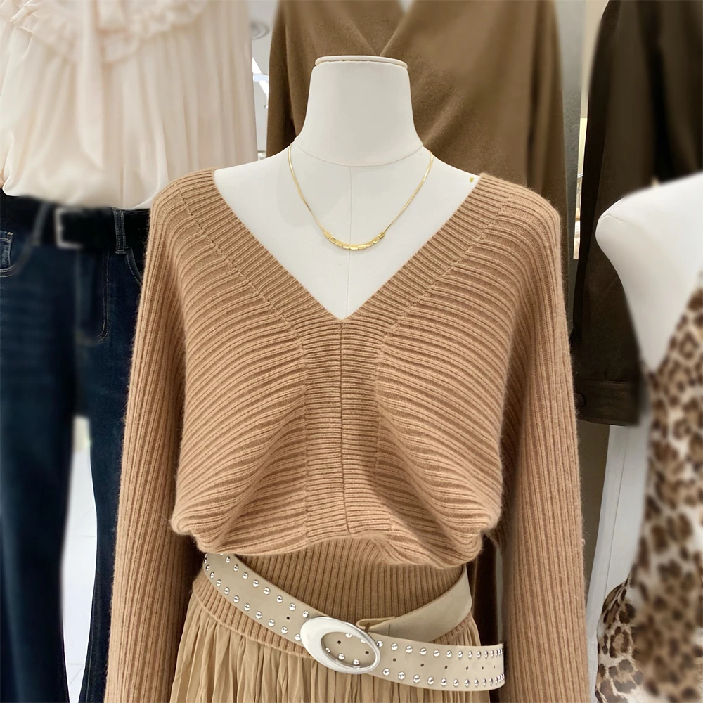 Women's Autumn Winter V Neck Long Sleeve Loose Sweater Lady Solid Color Pullover Stripe Short Jumper Top