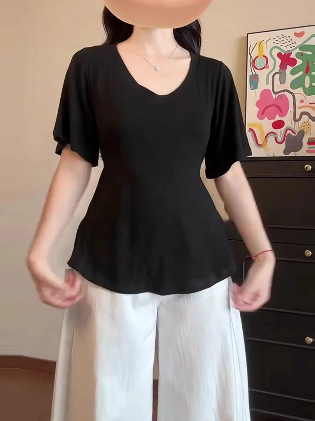 

plus Size Pure Cotton Bla V-Ne ort Sve T-irt Women's Summer Slimming Waist-Cinching Belly- Concealing Top