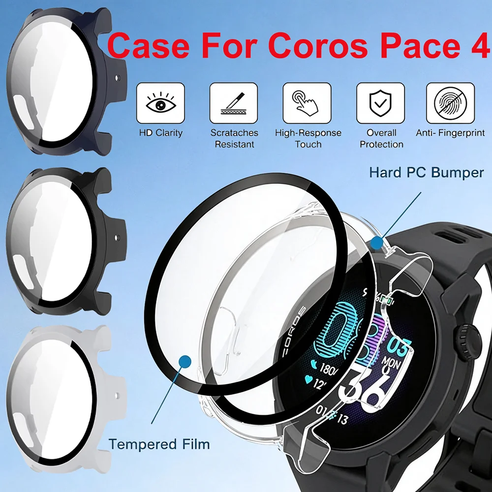 PC Full Coverage Protective Watch Case Cover Tempered Glass Screen Protector Compatible with Coros Pace 4
