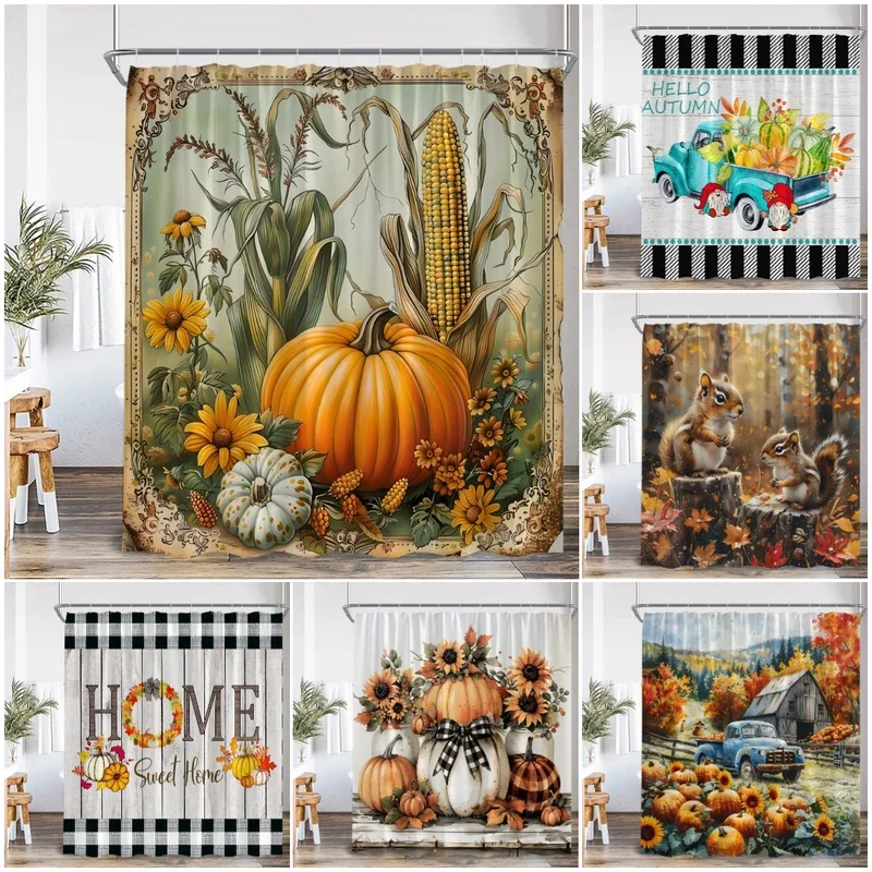 Autumn Harvest Season Shower Curtain Pumpkin Sunflower Corn Squirrel Fall Country Bathroom Decor Orange Polyester Bath Curtain