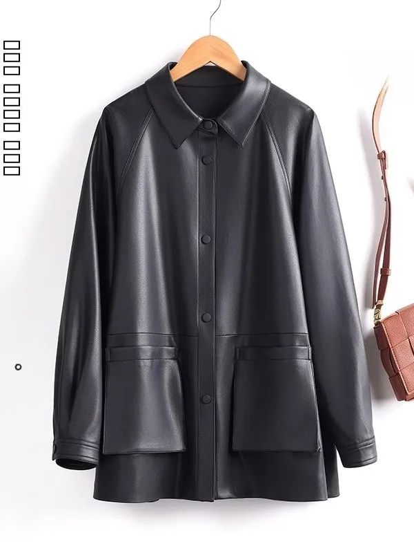   Ning 本革ジャケット レディース ミッドレングス シープスキン ルーズ カジュアル スプリング 秋 ファッション アウター コート