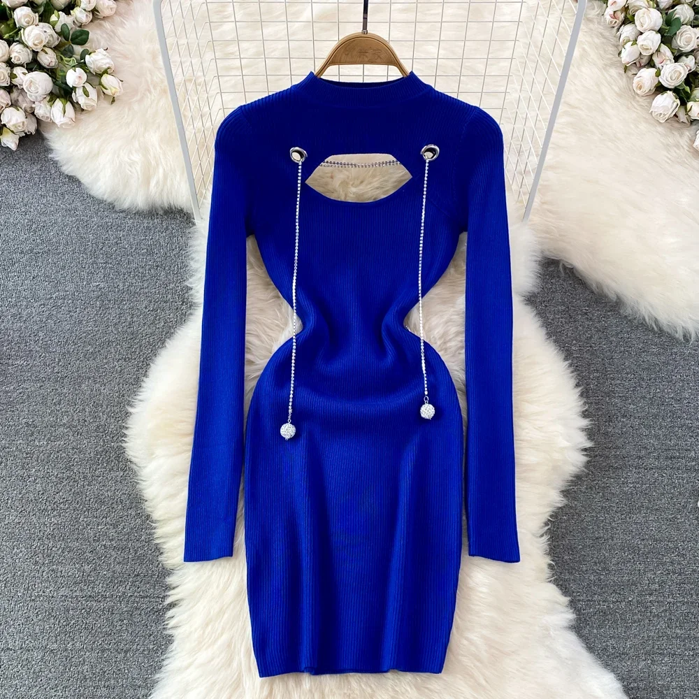 

Hollow Out Autumn Women Knitted Dress Long Sleeve Elastic Waist Fashion Warm Dress Winter Bodycon Mini Sweater Dress