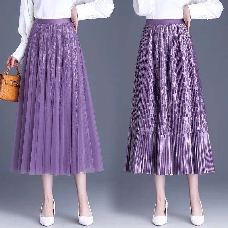 Fashion New Summer Women's Elegant Mesh Skirt 2024 Spring Boho Korean High Waist Pleated Layers Tulle Pleated Midi Skirts