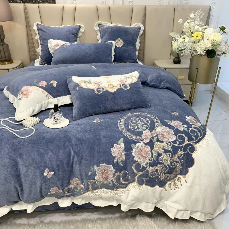 European Style Bedroom Double Bed Embroidered Milk Velvet Four Piece Set Winter Coral Velvet Flannel High-end Bedding