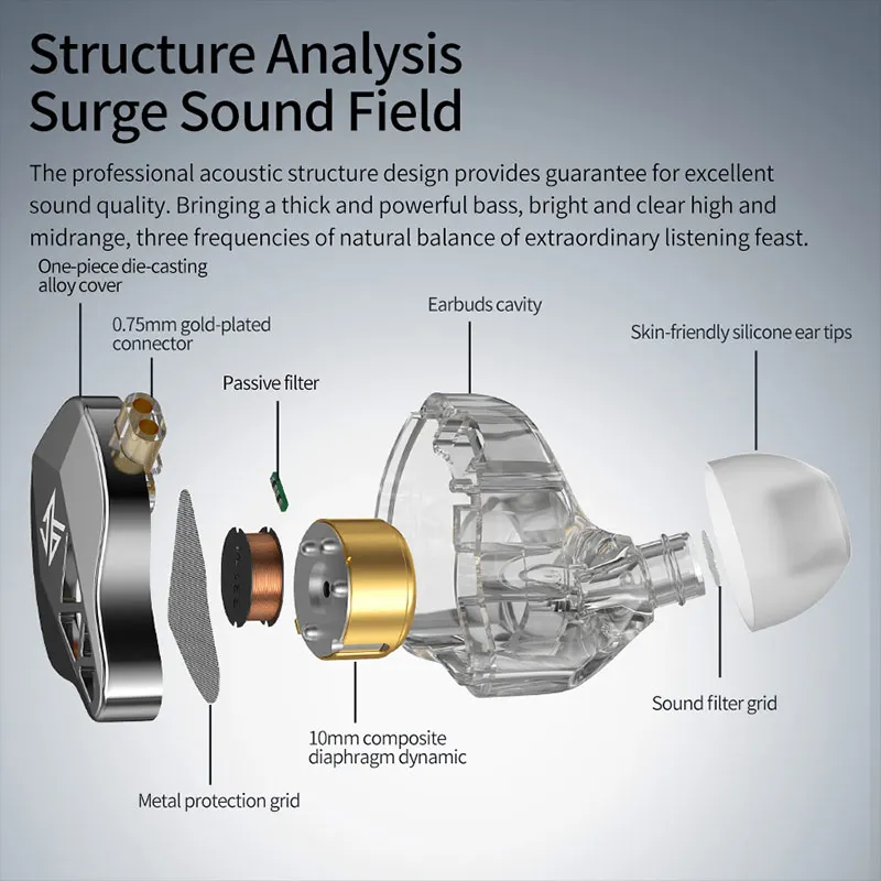 سماعات أذن KZ EDXS داخل الأذن سماعات أذن سلكية HiFi Deep Bass مع غشاء مركب 10 مم IEM مع كابل قابل للفصل