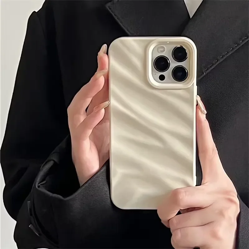 Ins Caramel Pleats Case Compatible For IPhone 16 15 11 13 14 12 Pro Max 7 8 Plus SE 2020 3D Wavy Grain Simple Solid Color Cover