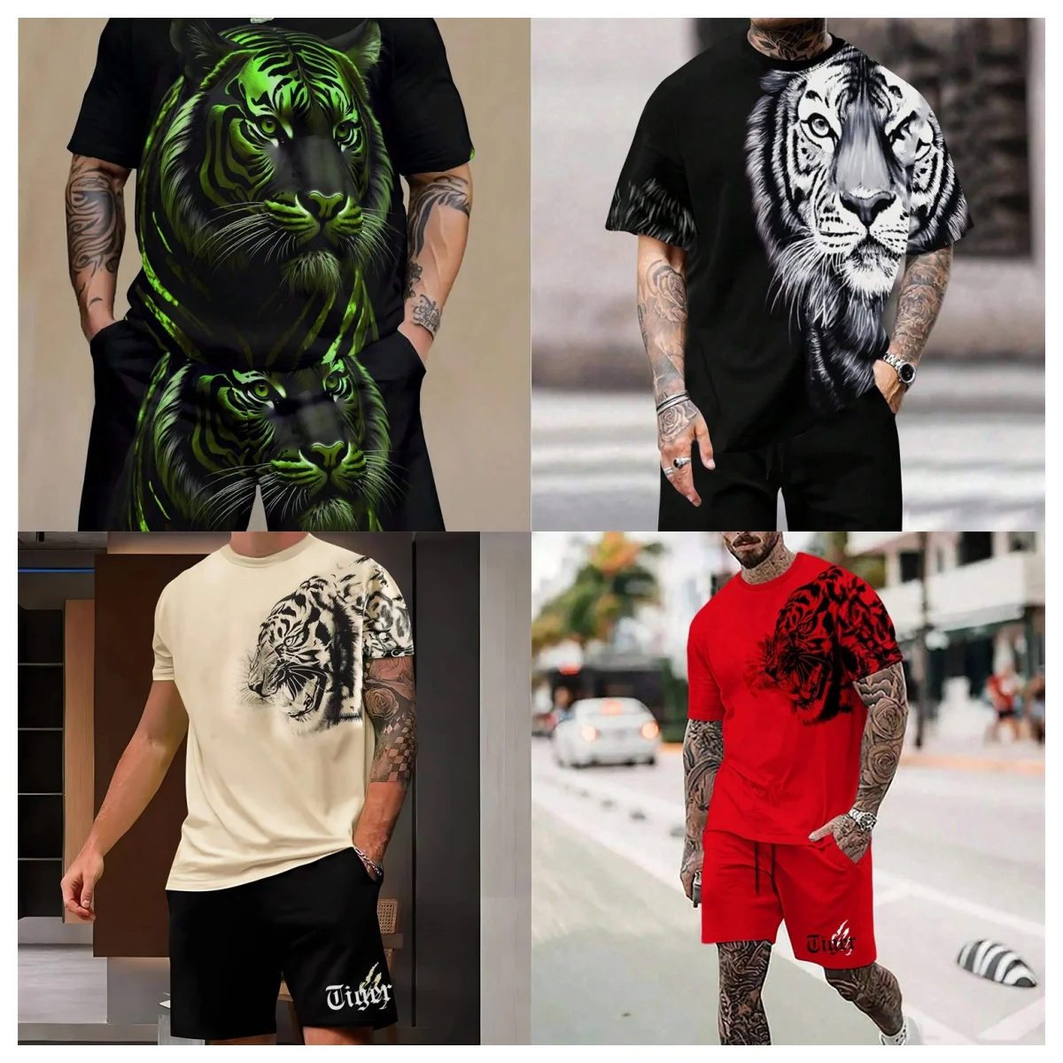 

2025 New Crew Neck Short Sleeve T-shirt Fashion Shorts Set 3D Lion Print Short Sleeve Shorts 2-piece Men's Summer Sports Set