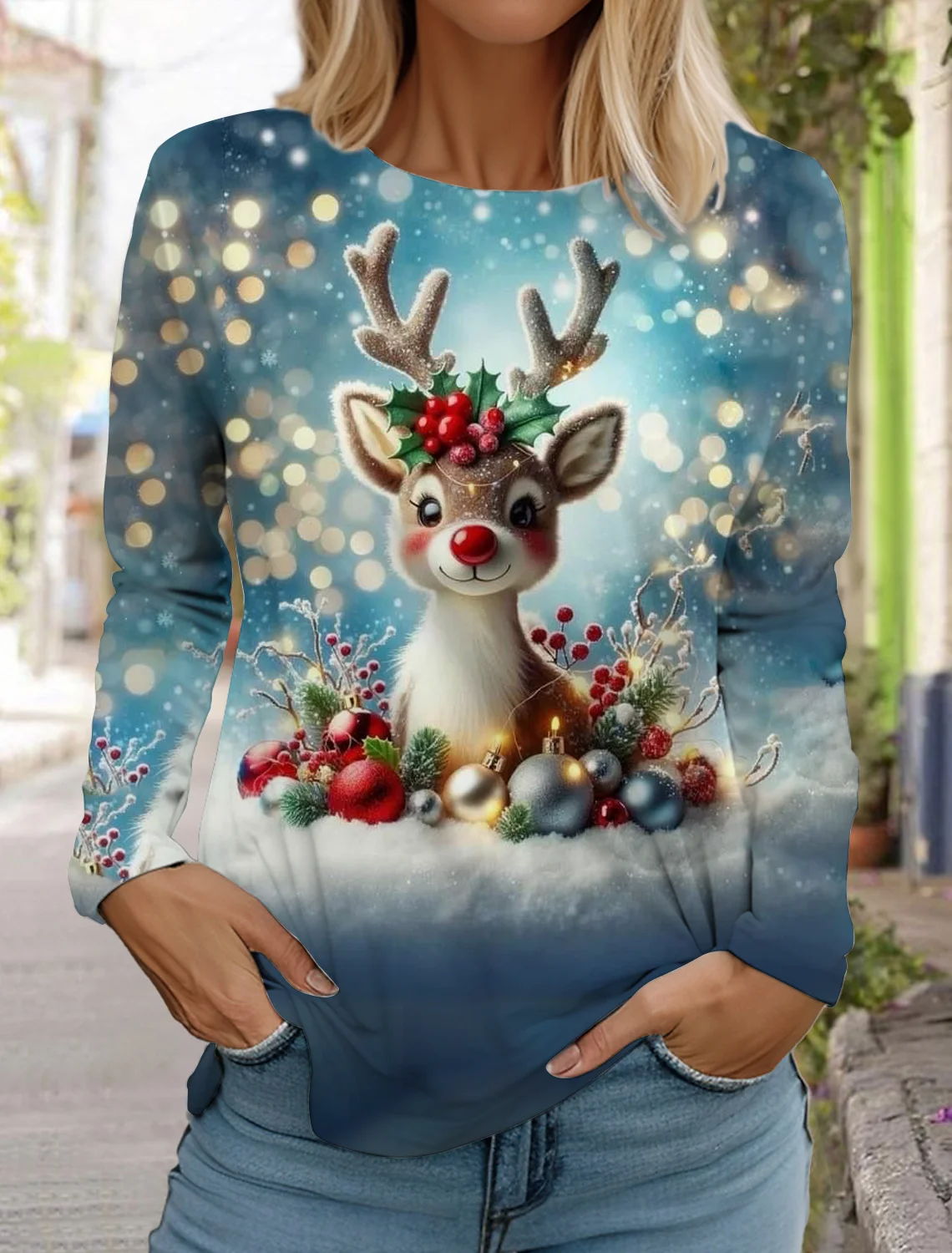 Ladie Christmas Reindeer Print Long Sleeve T-Shirt Christmas Cartoon Pattern Sports Casual Cute Polyester Round Neck Long Sleeve