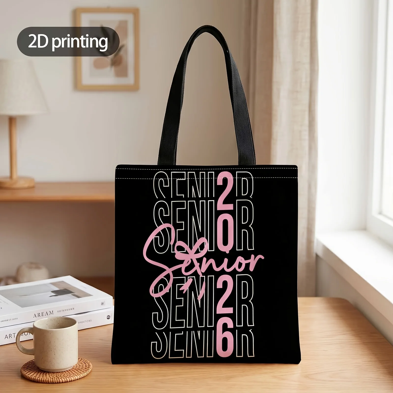 1pc 2D Printed Handbag with Senior 2026 Shine On Pattern, Reusable Fashion Shoulder Bag Handbag Shopping Tote Bag Suitable for S