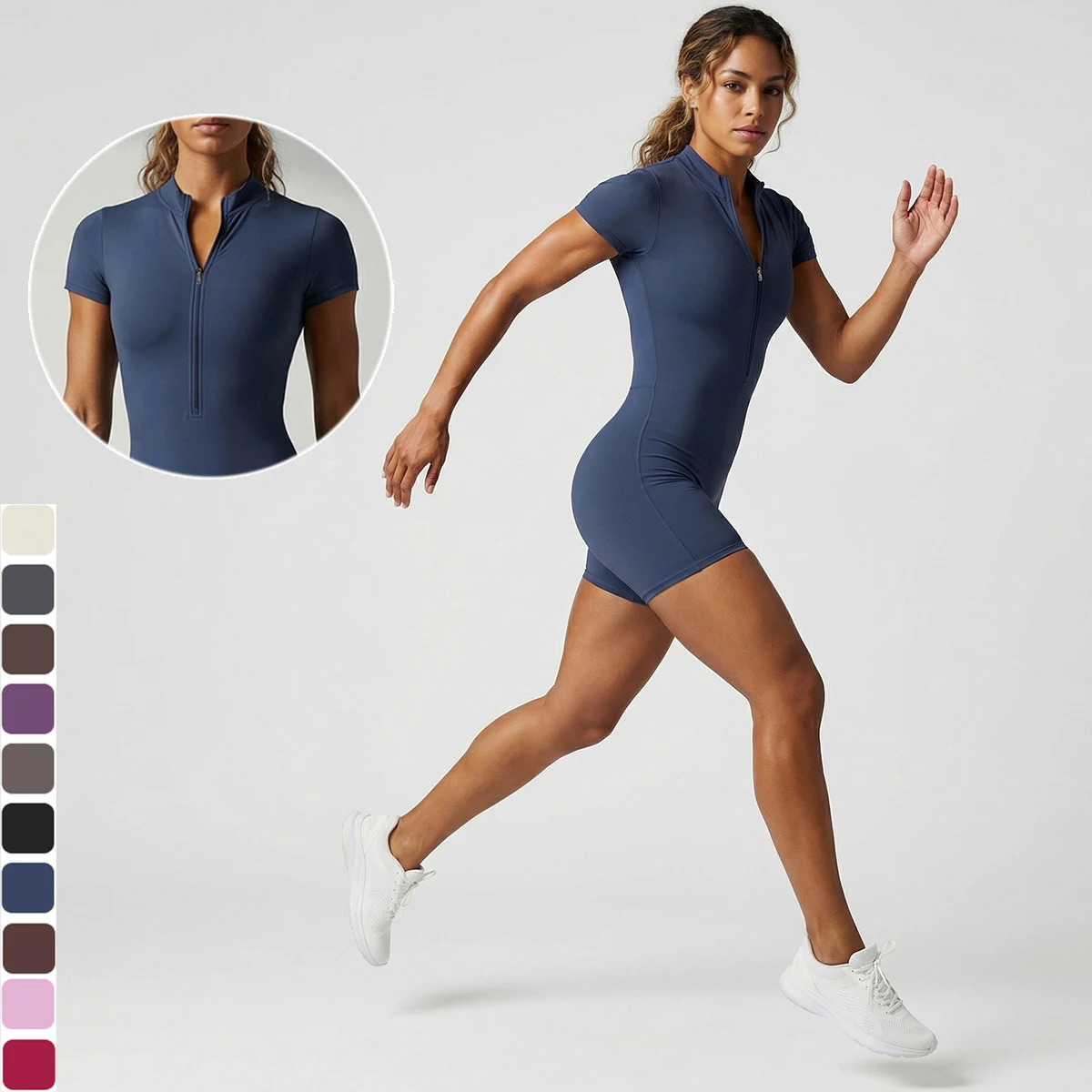 Nouvel ensemble de sport pour femme avec fermeture éclair, manches courtes, combinaison de yoga, bod