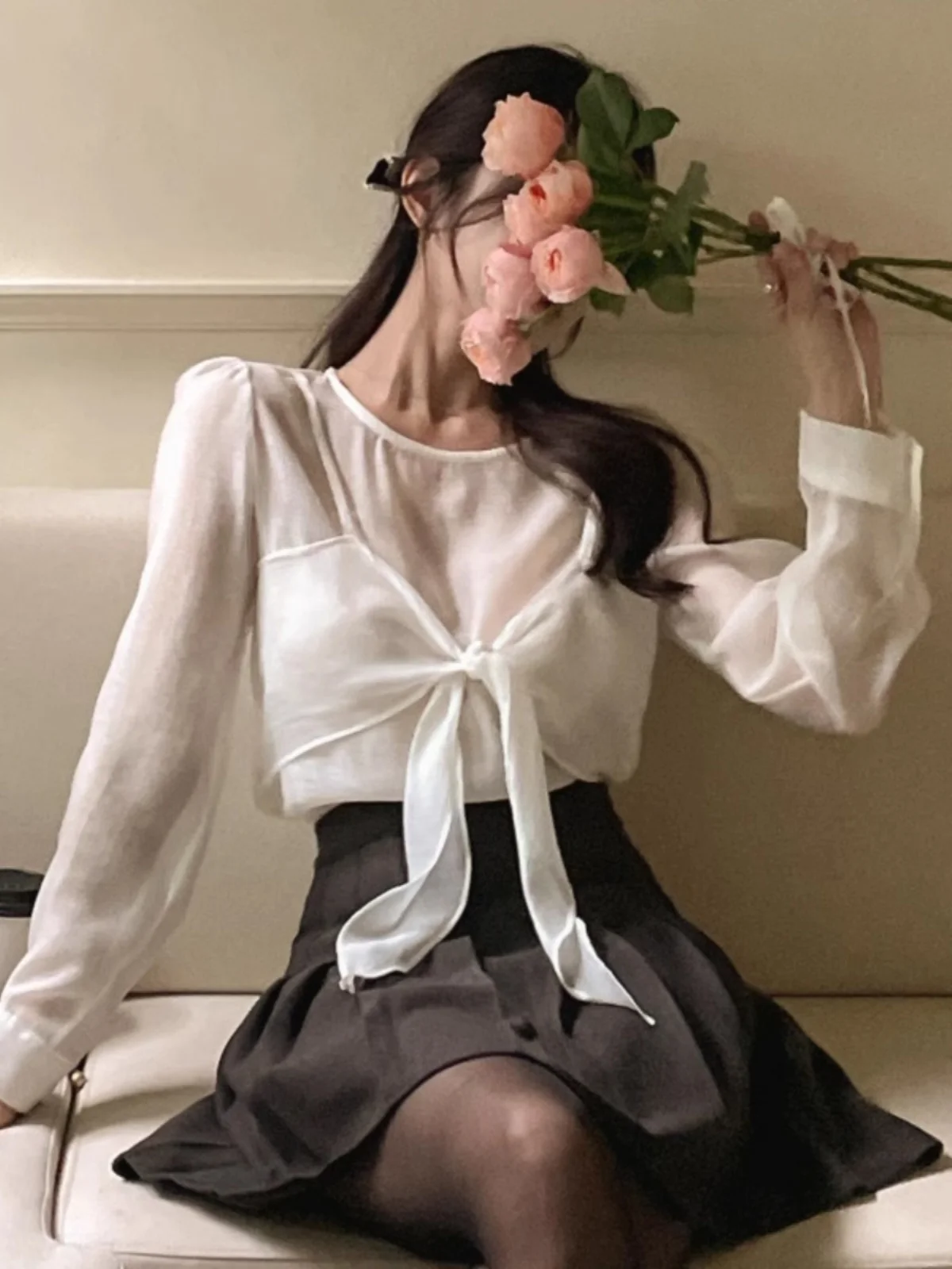 Ele Sweet Sle femmes irt avec sangle à nœud longue Sve faux haut deux pièces coréen trajet couleur Pure coupe ample